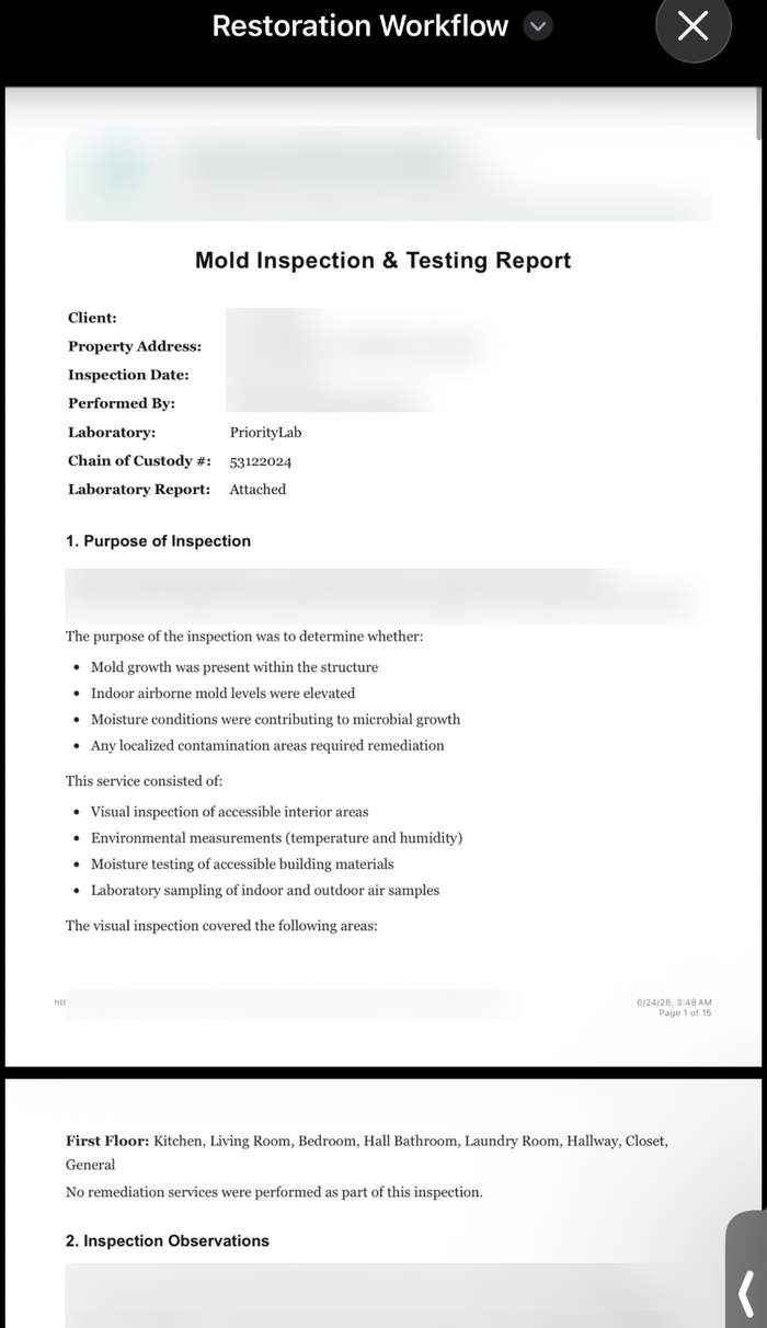 AI-generated mold inspection & testing report — multi-page PDF with lab data, photos, and findings