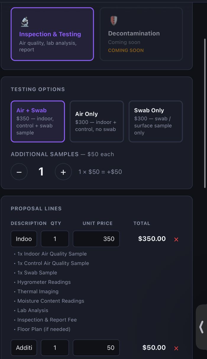 Proposal builder with editable line items, scope and pricing