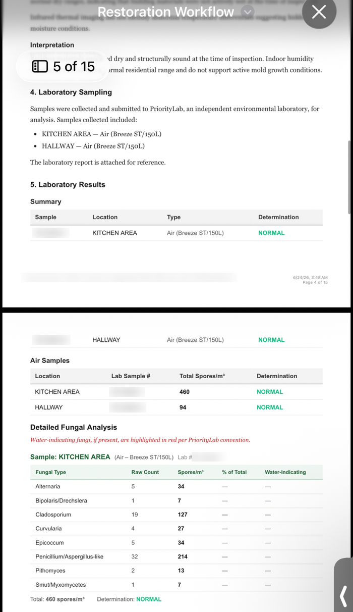Mold lab results attached to a job in RestorationWorkflow