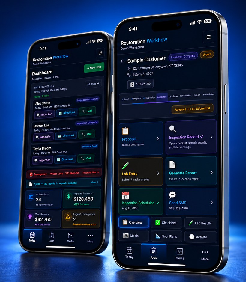 Restoration Workflow iPhone app showing the daily dashboard and a job record with pipeline, proposal, inspection, lab entry and report (demo workspace data)