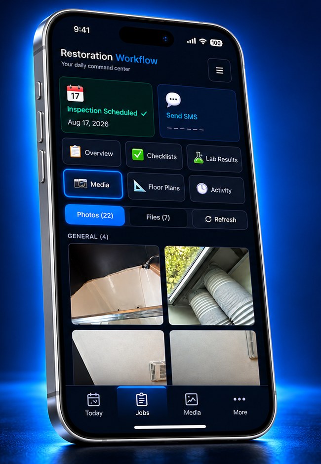 Restoration Workflow iPhone app — job photos organized in the Media tab (demo workspace data)
