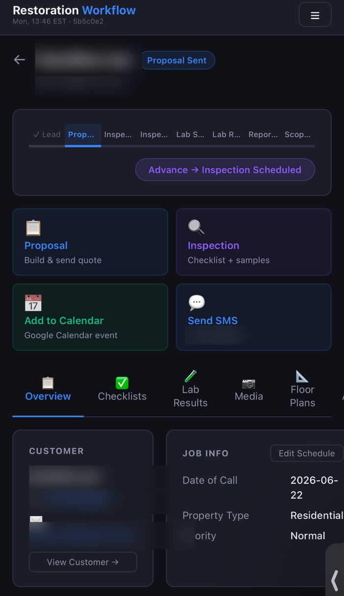 RestorationWorkflow job detail — pipeline, proposal, inspection, lab, and customer info on one screen